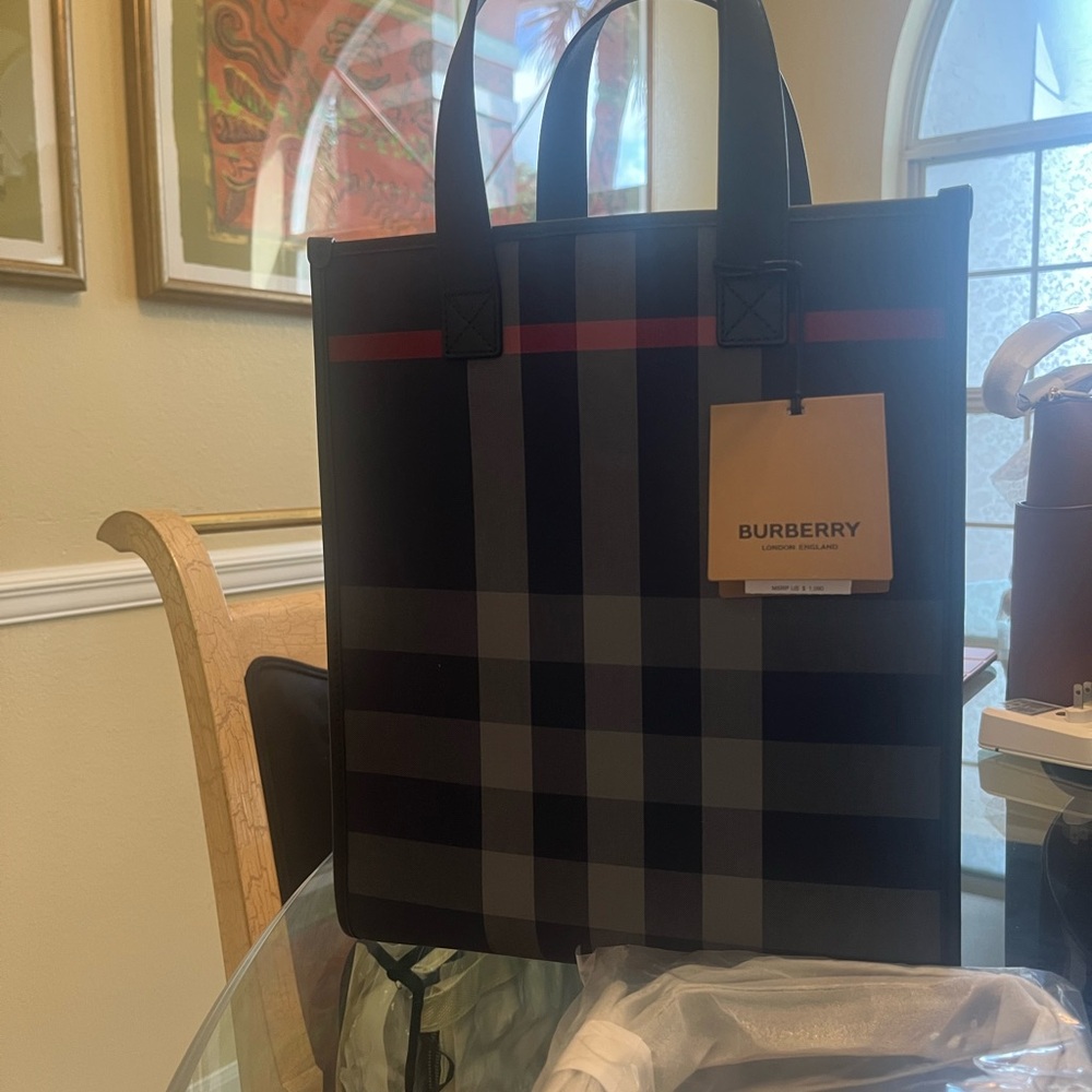 Burberry Black Tote Bag with Plaid Design